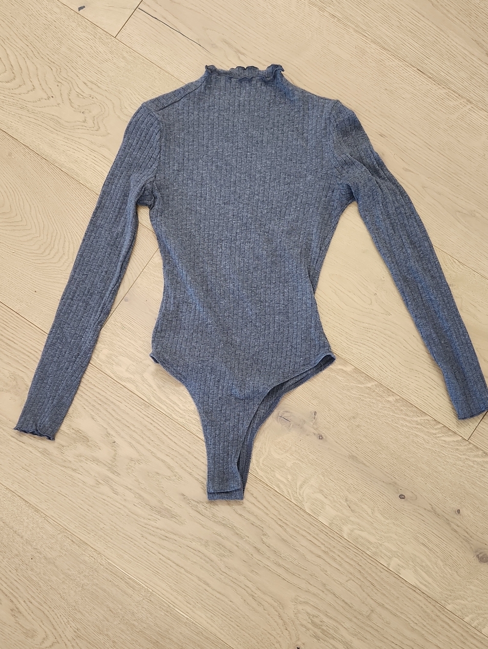SHEIN Gray Ribbed Ruffle Mock Neck Bodysuit